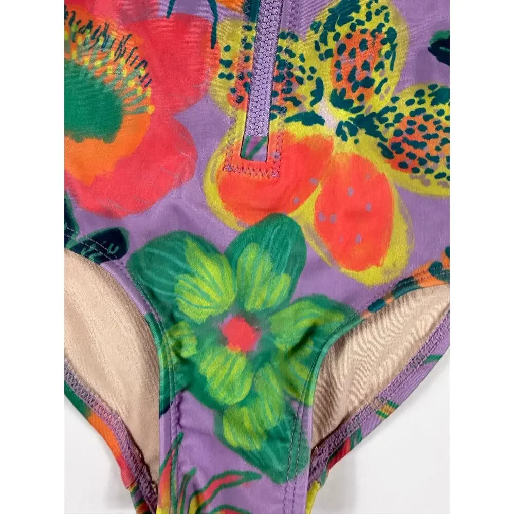Tea Collection Tropical Floral Long Sleeve One-Piece Rash Guard Swimsuit Size 3